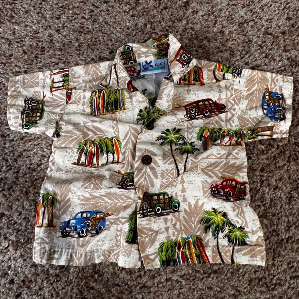 RJC Infant Boys Hawaiian‎ Shirt 12M Tan Woody Car Surfboard Made in Hawaii I1260